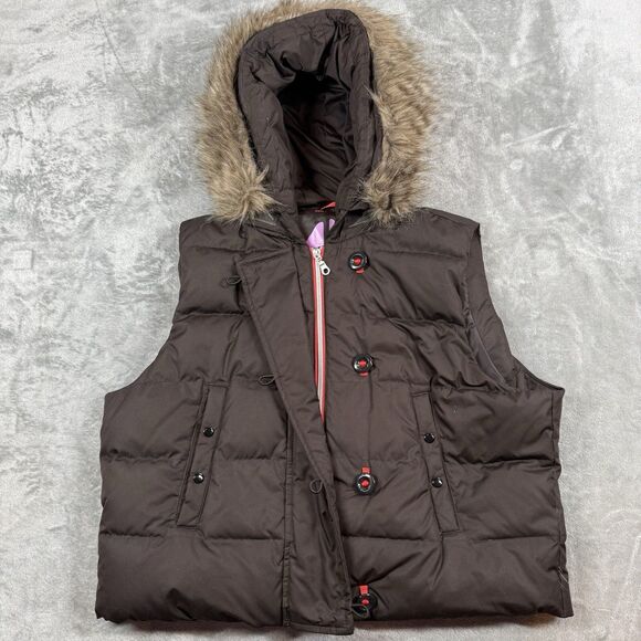 Gap Puffer Vest Youth XL Brown Down Removeable Faux Fur Full Zip Snap - Picture 1 of 12